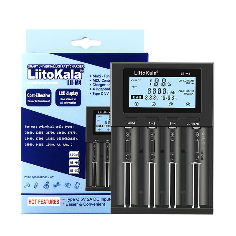 LIITOKALA LII-M4 Carregador de pilhas/baterias RECARREGÁVEIS de 4 slots, com display LCD para o Carregamento de pilhas/baterias ( AA, AAA, Lithium, NiMH ), Carregador de bateria recarregável inteligente.