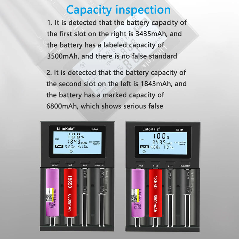 LIITOKALA LII-M4 Carregador de pilhas/baterias RECARREGÁVEIS de 4 slots, com display LCD para o Carregamento de pilhas/baterias ( AA, AAA, Lithium, NiMH ), Carregador de bateria recarregável inteligente.