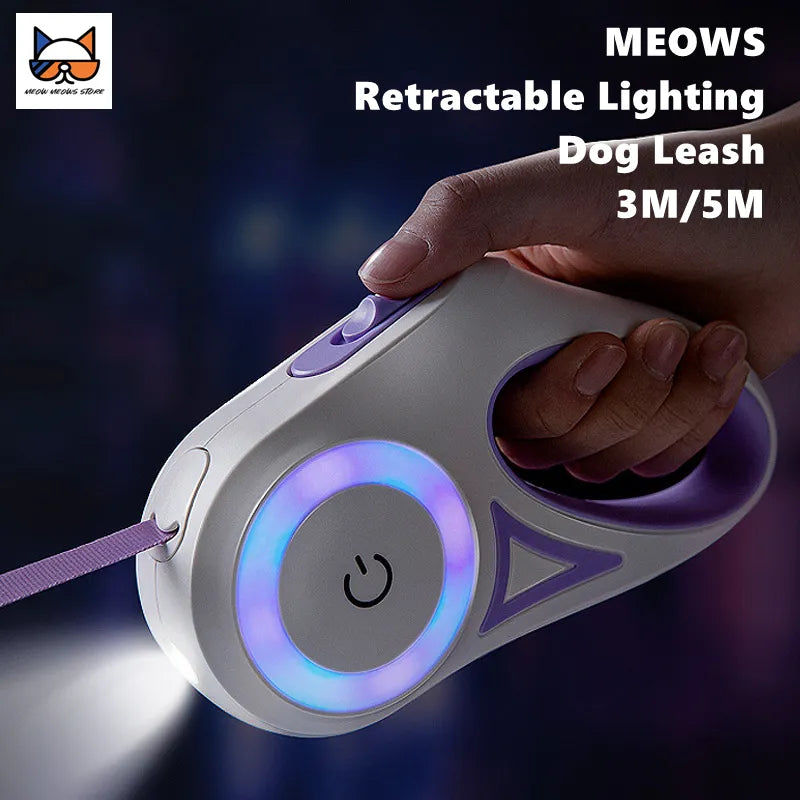 Coleira Guia Pet retrátil para cães com iluminação LED e interruptor de toque redondo, confortável, 3m e 5m de comprimento, coleira de tamanho médio para animais de estimação ao ar livre.