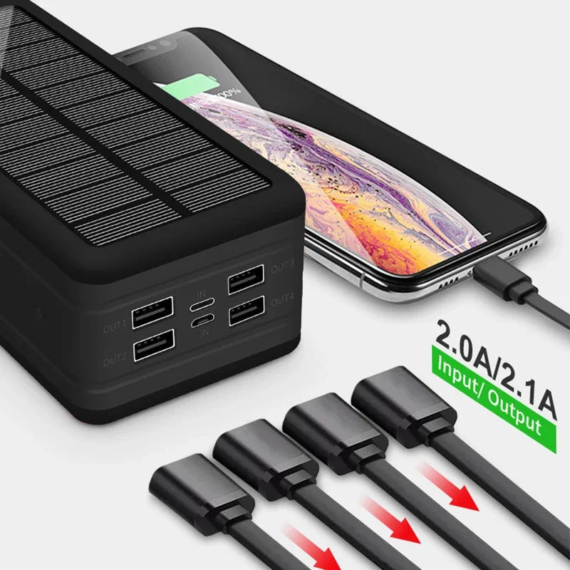 Powerbank Solar Portátil, Magnético, Sem Fio, Carrega por ( Indução/Contato ) , Carga Super Rápida 2.1a, 4 dispositivos usb ao mesmo tempo, com lanterna , sinalizador , piscante.