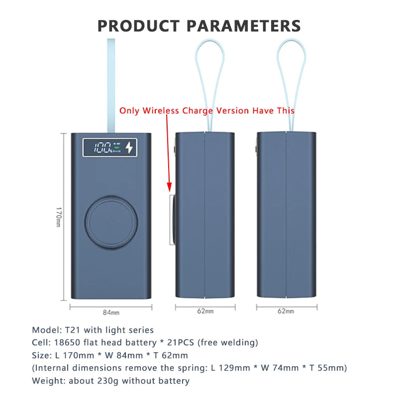 CASE para Montar Power Bank para até 2 dispositivos e com Lanterna (LED), com Sistemas para Carregamentos ( Quick Charge 4.0 e PD 3.0 ), 15w Fast Charge Wireless para até  21x18650 ( os tipos de pilhas/baterias e NÃO INCLUSAS )