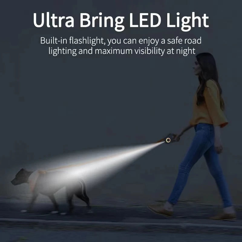 Coleira Guia Pet retrátil para cães com iluminação LED e interruptor de toque redondo, confortável, 3m e 5m de comprimento, coleira de tamanho médio para animais de estimação ao ar livre.