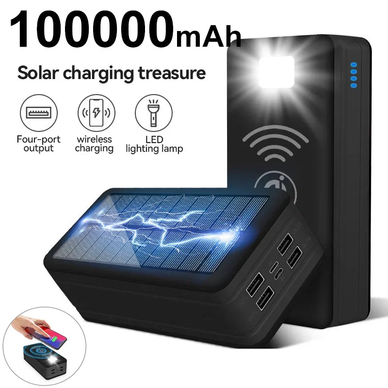 Powerbank Solar Portátil, Magnético, Sem Fio, Carrega por ( Indução/Contato ) , Carga Super Rápida 2.1a, 4 dispositivos usb ao mesmo tempo, com lanterna , sinalizador , piscante.