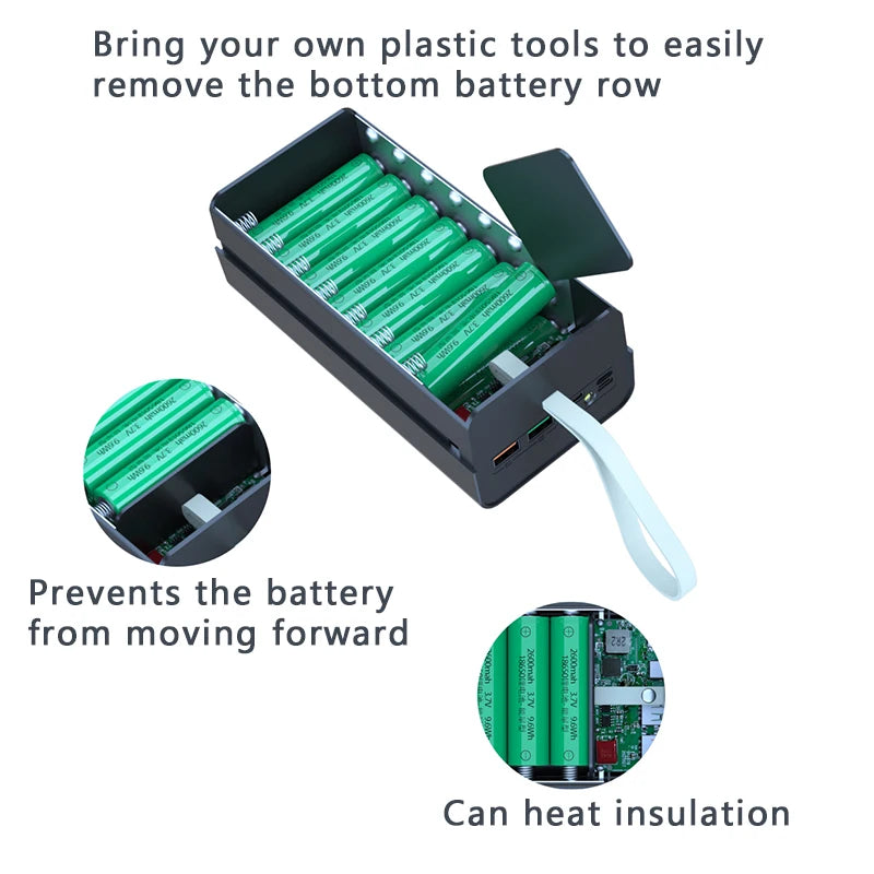 CASE para Montar Power Bank para até 2 dispositivos e com Lanterna (LED), com Sistemas para Carregamentos ( Quick Charge 4.0 e PD 3.0 ), 15w Fast Charge Wireless para até  21x18650 ( os tipos de pilhas/baterias e NÃO INCLUSAS )