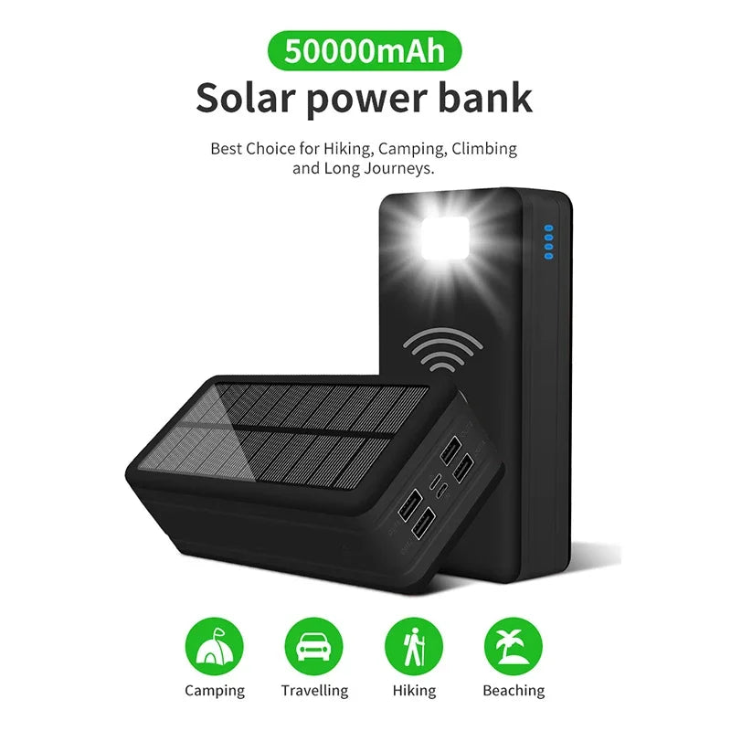 Powerbank Solar Portátil, Magnético, Sem Fio, Carrega por ( Indução/Contato ) , Carga Super Rápida 2.1a, 4 dispositivos usb ao mesmo tempo, com lanterna , sinalizador , piscante.