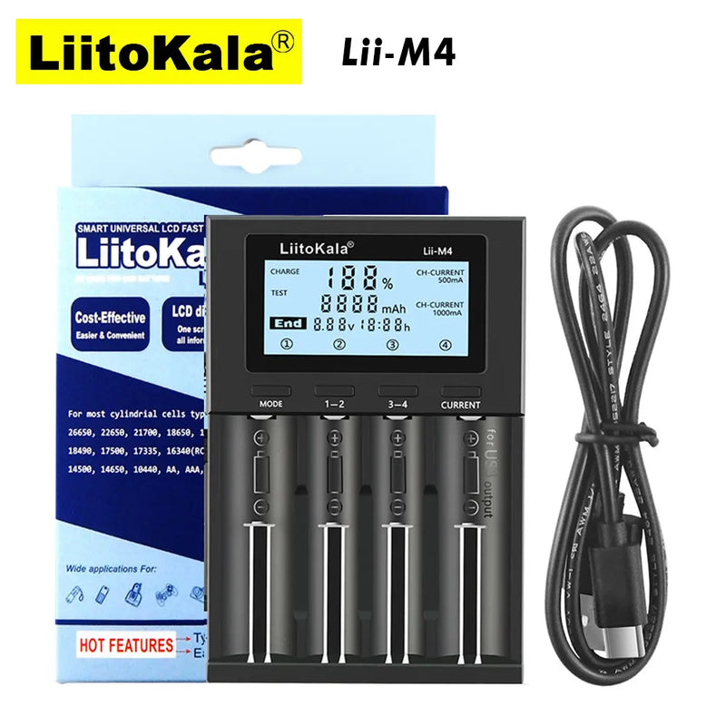 LIITOKALA LII-M4 Carregador de pilhas/baterias RECARREGÁVEIS de 4 slots, com display LCD para o Carregamento de pilhas/baterias ( AA, AAA, Lithium, NiMH ), Carregador de bateria recarregável inteligente.