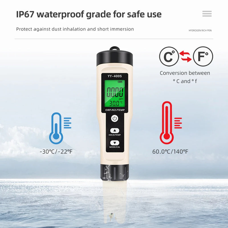 Monitor/Medidor/Testador de PH / ORP / H2  ( HIDROGÊNIO MOLECULAR ) digital à prova d'água.